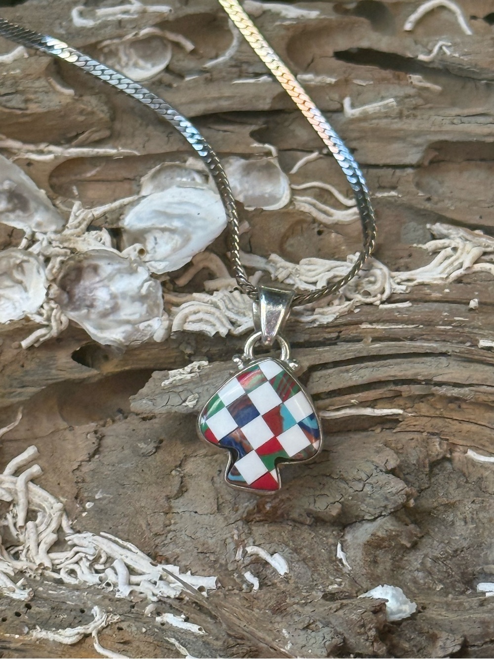 Sterling mushroom spade inlay pendant on silver chain